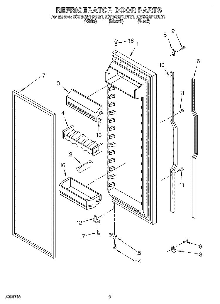 REFRIGERATOR DOOR Diagram and Parts List for KSRW25FHBT01  KitchenAid Refrigerator
