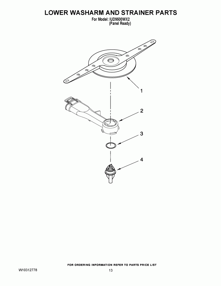 LOWER WASHARM AND STRAINER PARTS Diagram and Parts List for IUD9500WX2  Whirlpool Dishwasher