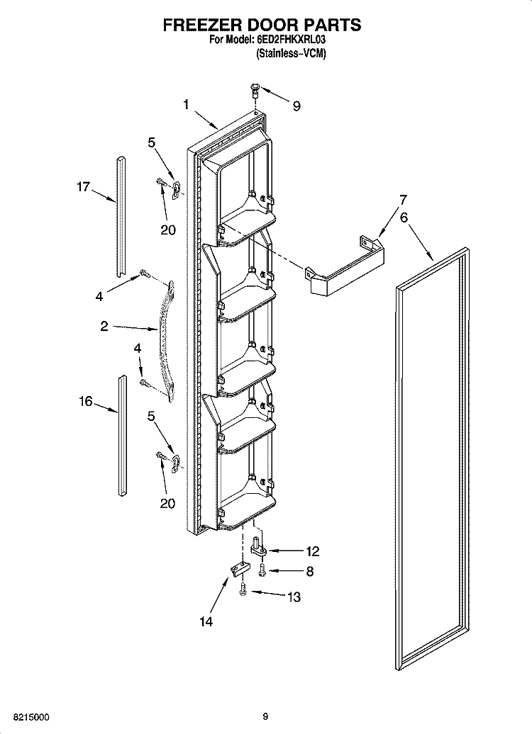 FREEZER DOOR PARTS Diagram and Parts List for 6ED2FHKXRL03  Whirlpool Refrigerator