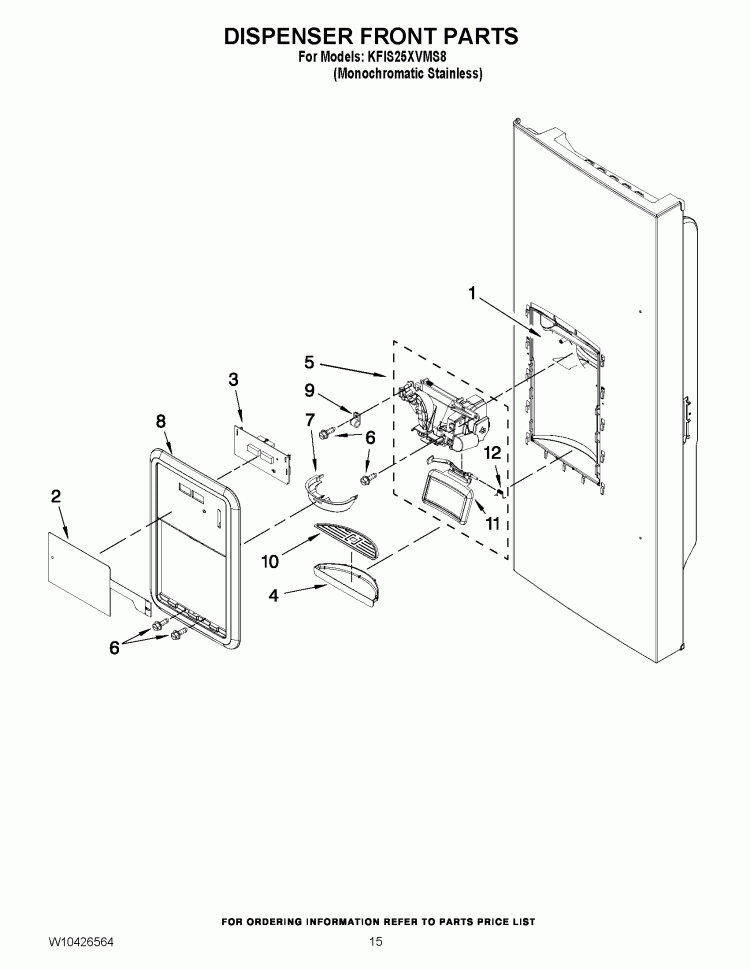 DISPENSER FRONT PARTS Diagram and Parts List for KFIS25XVMS8  KitchenAid Refrigerator