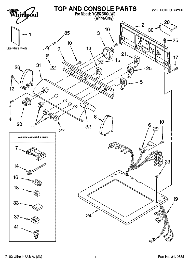 TOP AND CONSOLE PARTS Diagram and Parts List for YGEQ9800LW0  Whirlpool Dryer