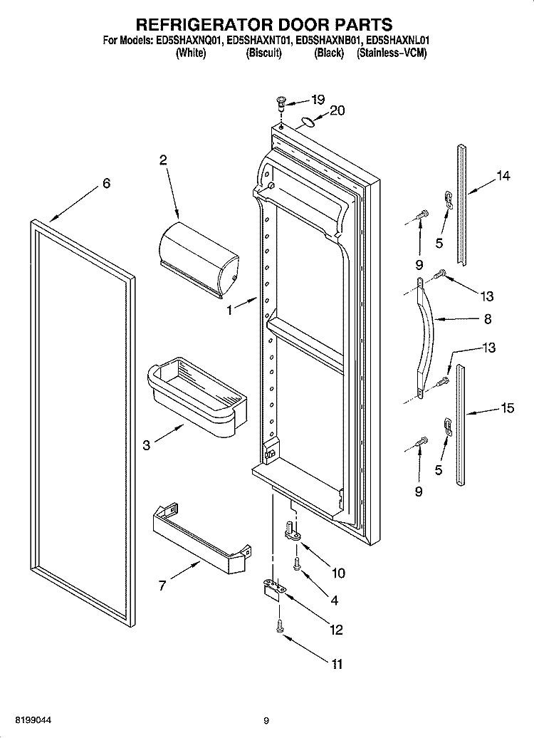 REFRIGERATOR DOOR PARTS Diagram and Parts List for ED5SHAXNT01  Whirlpool Refrigerator