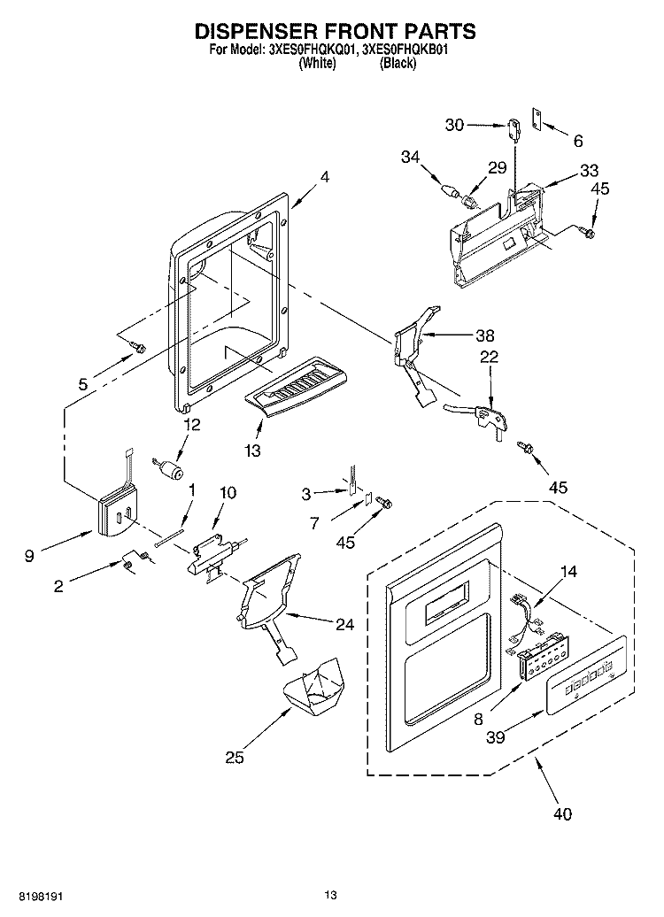 DISPENSER FRONT Diagram and Parts List for 3XES0FHQKB01  Whirlpool Refrigerator