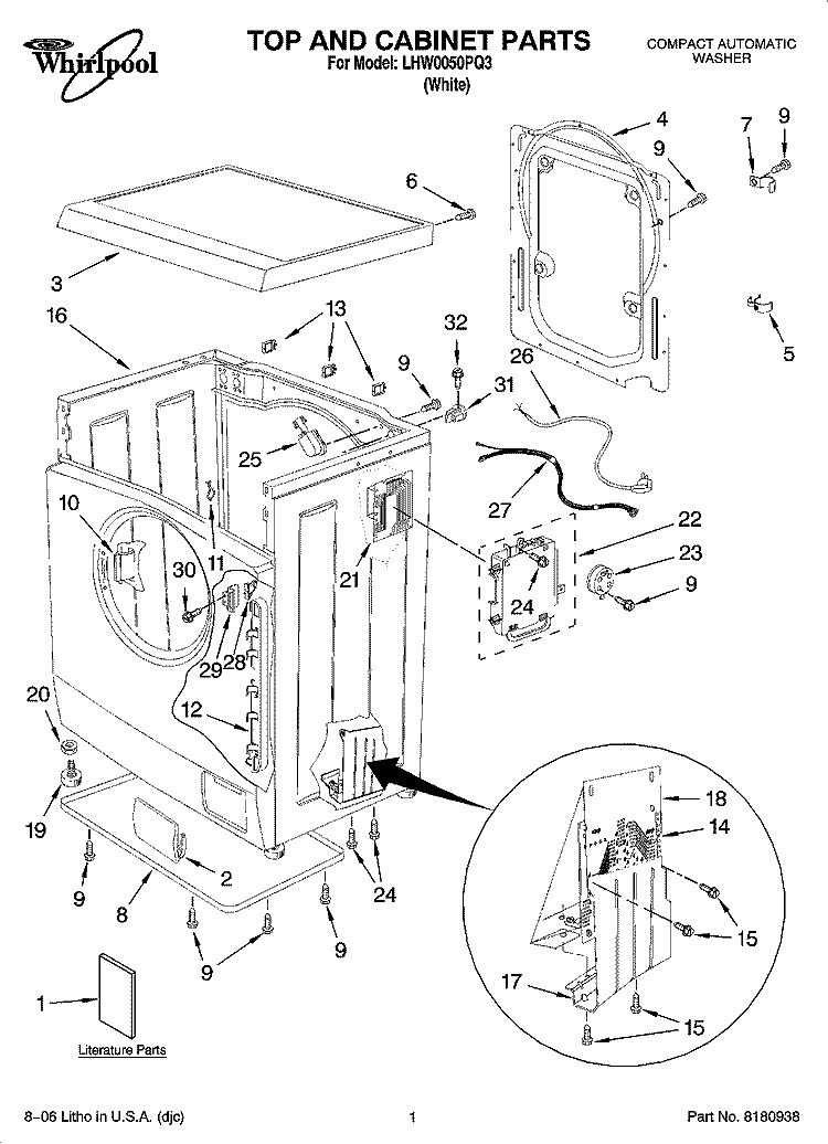 TOP AND CABINET PARTS Diagram and Parts List for LHW0050PQ3  Whirlpool Washer