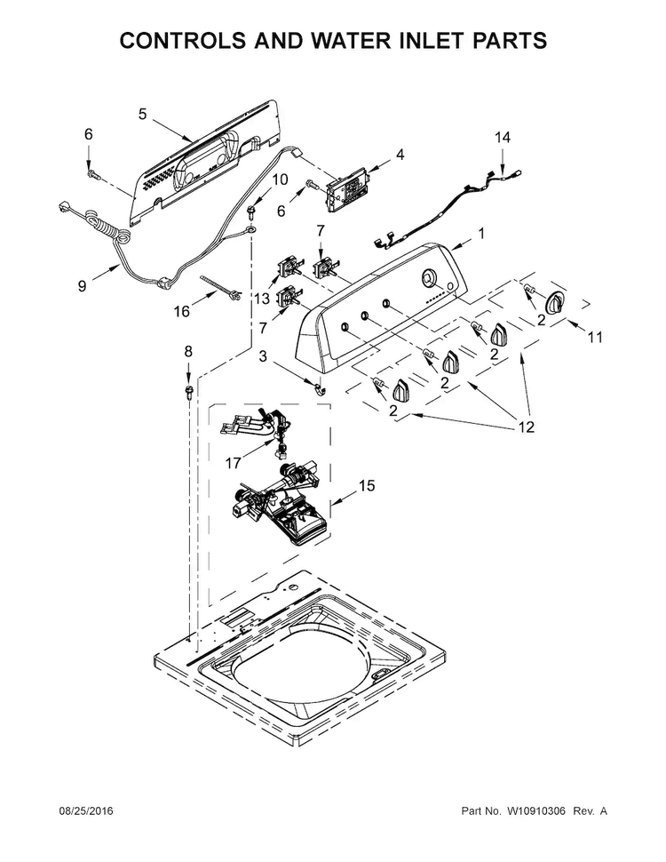 Controls And Water Inlet Parts Diagram and Parts List for ITW4971EW1  Inglis Washer