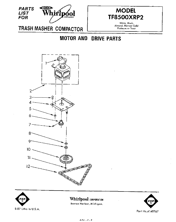 MOTOR AND DRIVE Diagram and Parts List for TF8500XRP2  Whirlpool Trash Compactor