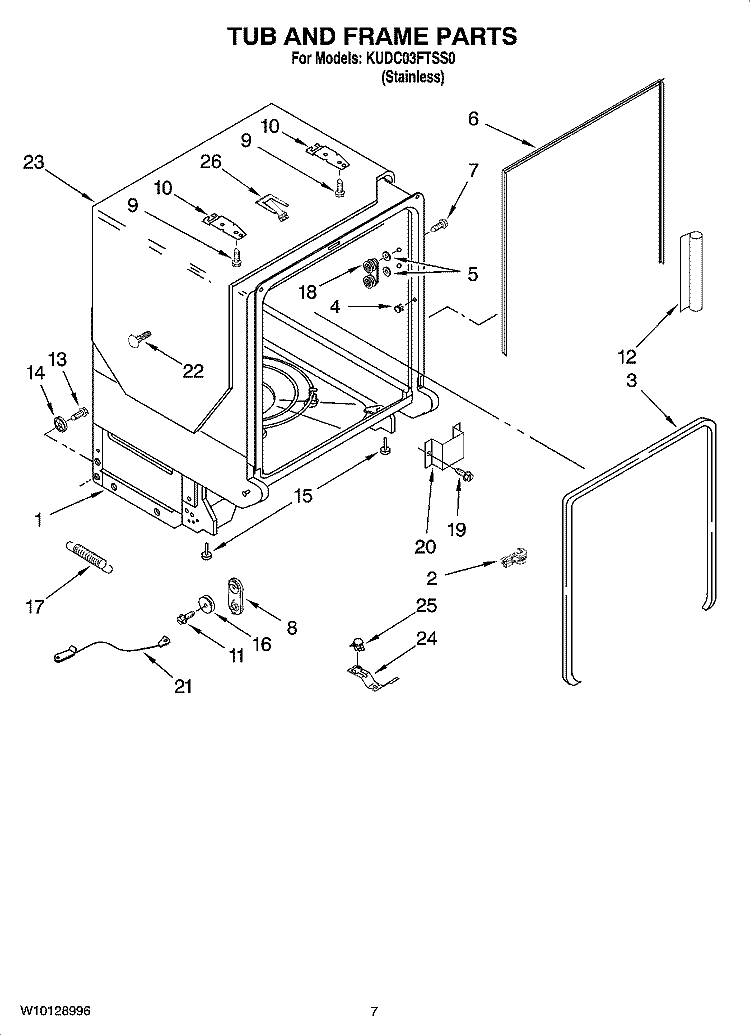 TUB AND FRAME PARTS Diagram and Parts List for KUDC03FTSS0  KitchenAid Dishwasher