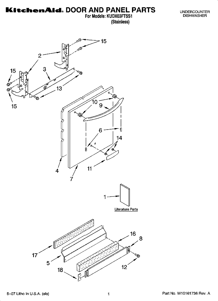 DOOR AND PANEL PARTS Diagram and Parts List for KUDX03FTSS1  KitchenAid Dishwasher
