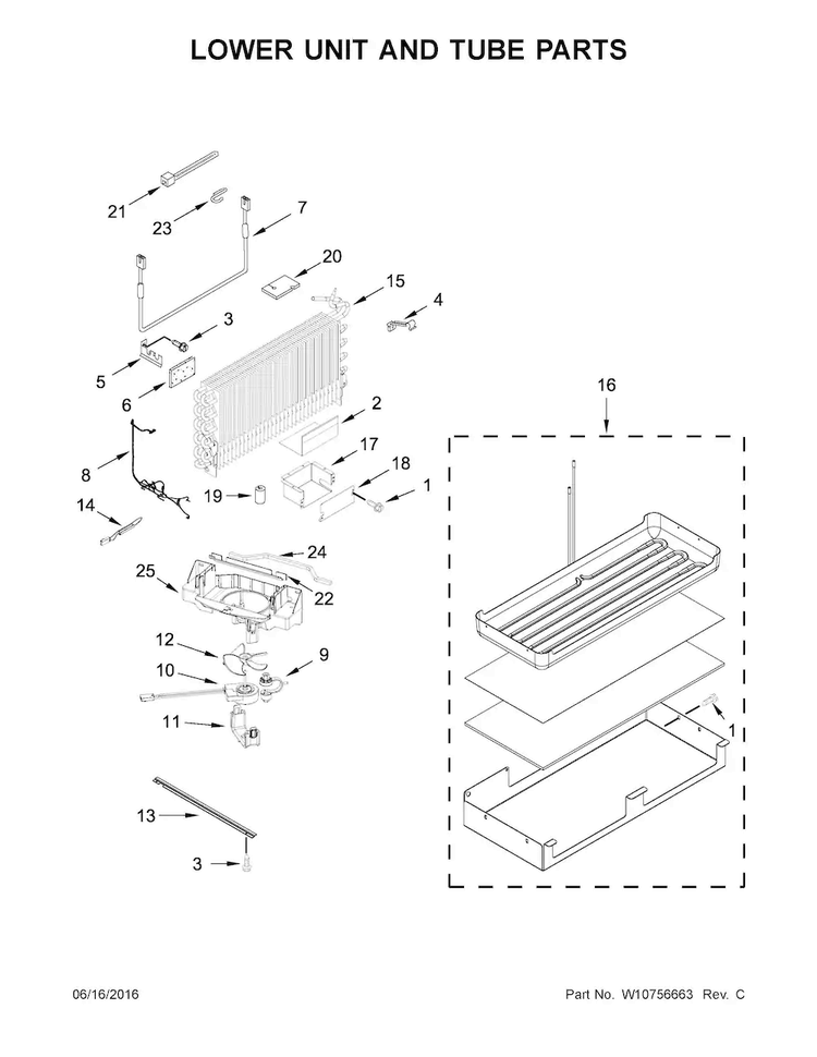 Lower Unit And Tube Parts Diagram and Parts List for KBFN506EPA00  KitchenAid Refrigerator