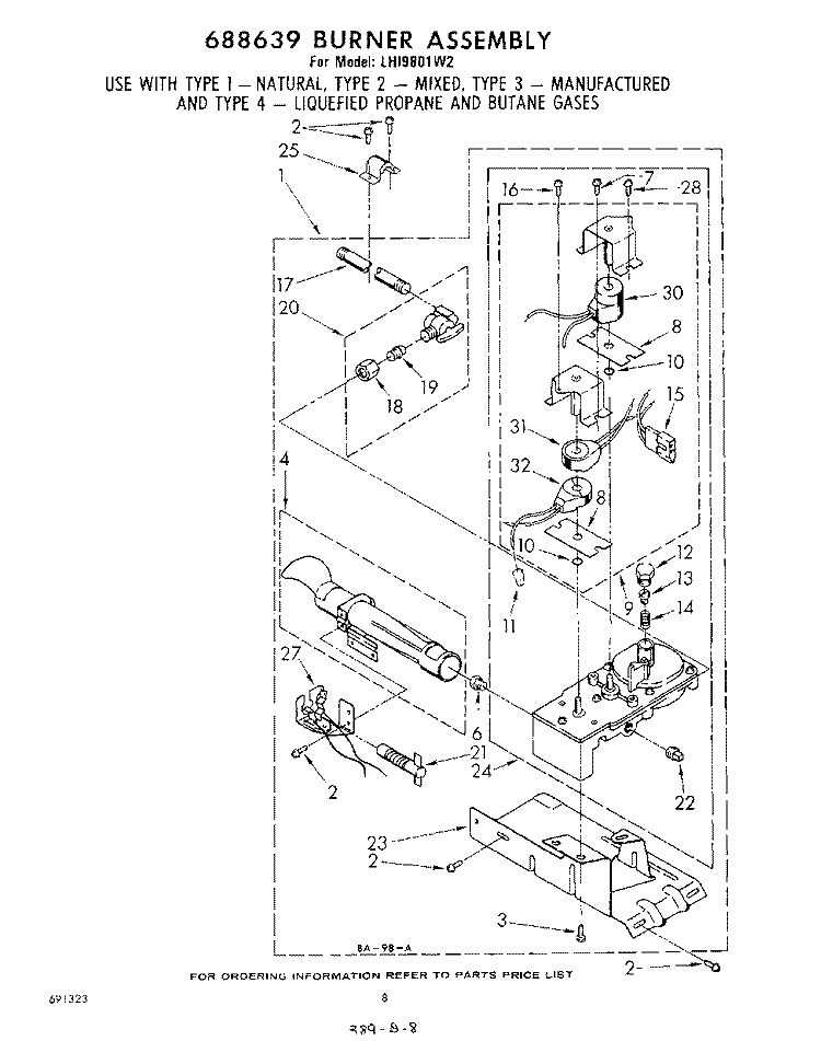 688639 BURNER Diagram and Parts List for LHI9801W2  Whirlpool Dryer