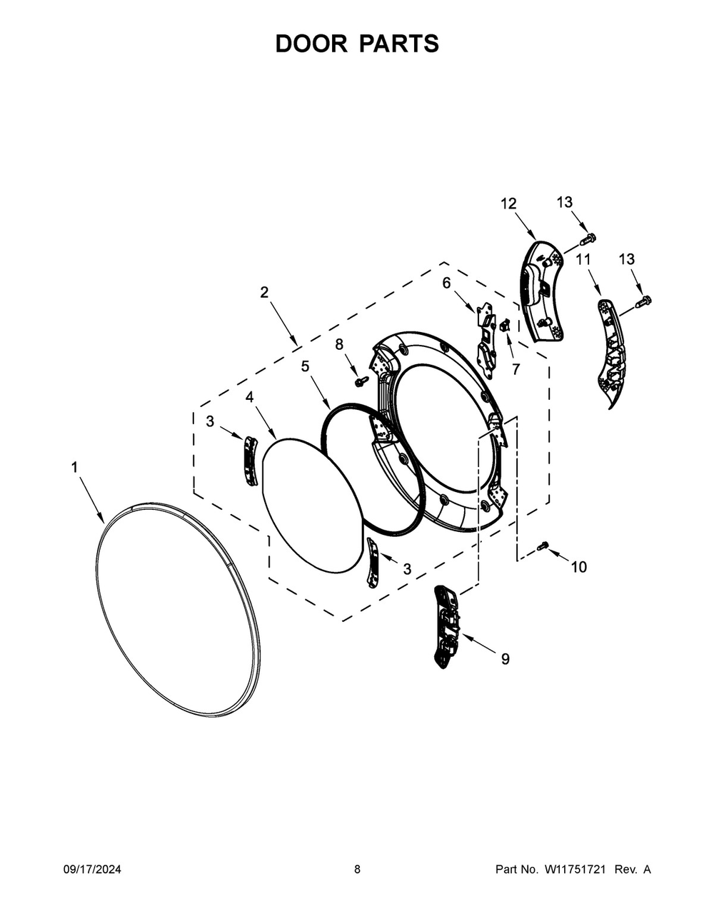 05 - Door Parts Diagram and Parts List for WGD5720RR0  Whirlpool Dryer