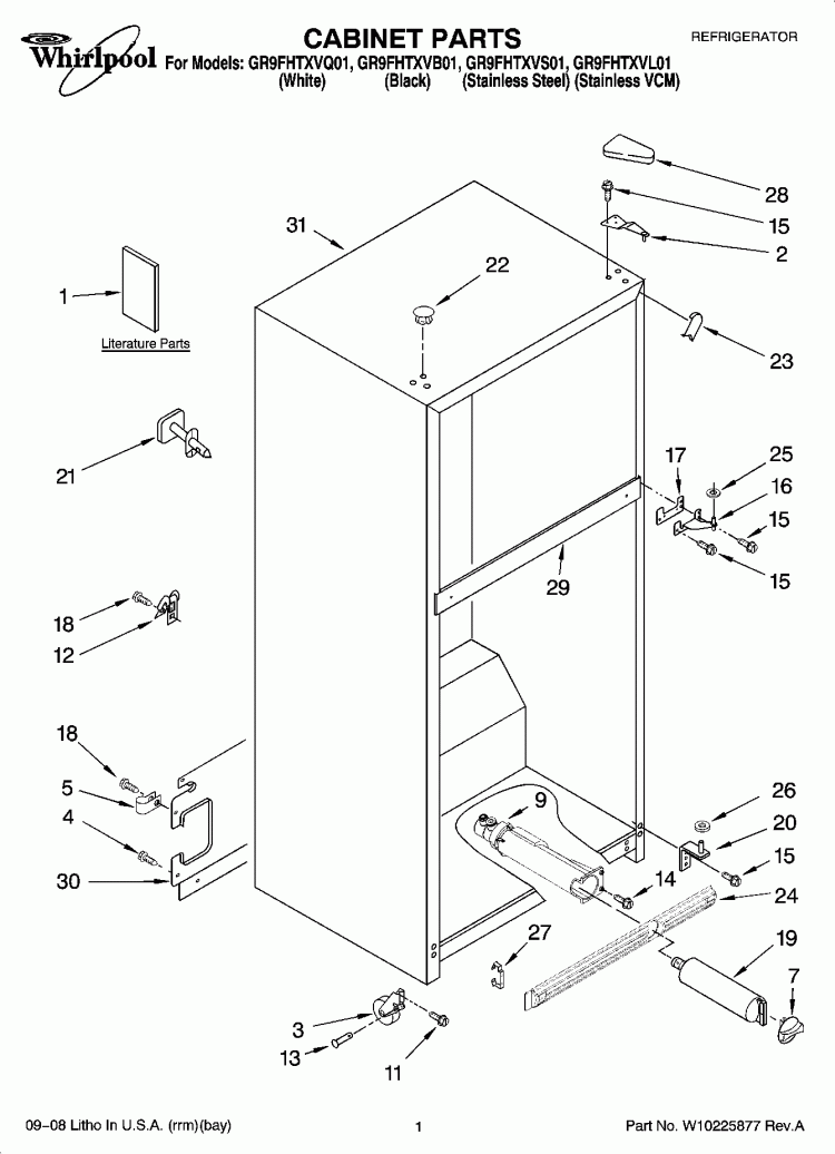 CABINET PARTS Diagram and Parts List for GR9FHTXVQ01  Whirlpool Refrigerator