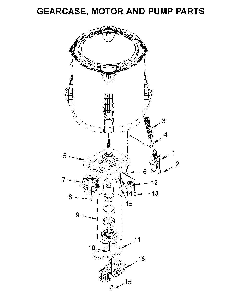 Gearcase, motor and pump parts Diagram and Parts List for 11025122811  Kenmore Washer