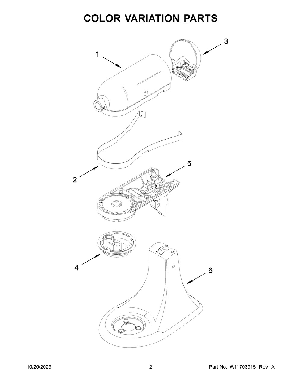 Color Variation Parts Diagram and Parts List for 5KSM195PSEOA5  KitchenAid Mixer