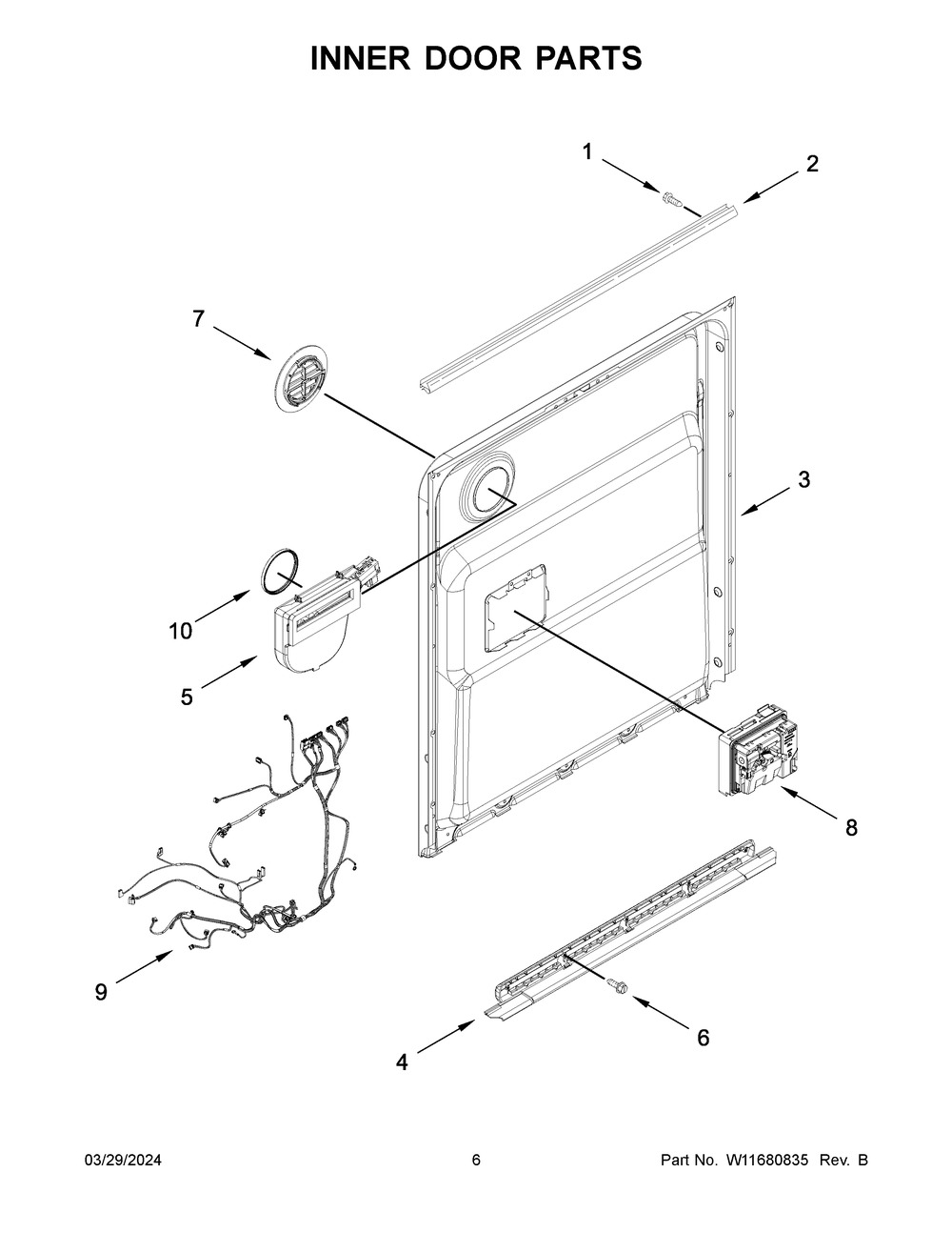 Inner Door Parts Diagram and Parts List for WDP540HAMZ4  Whirlpool Dishwasher