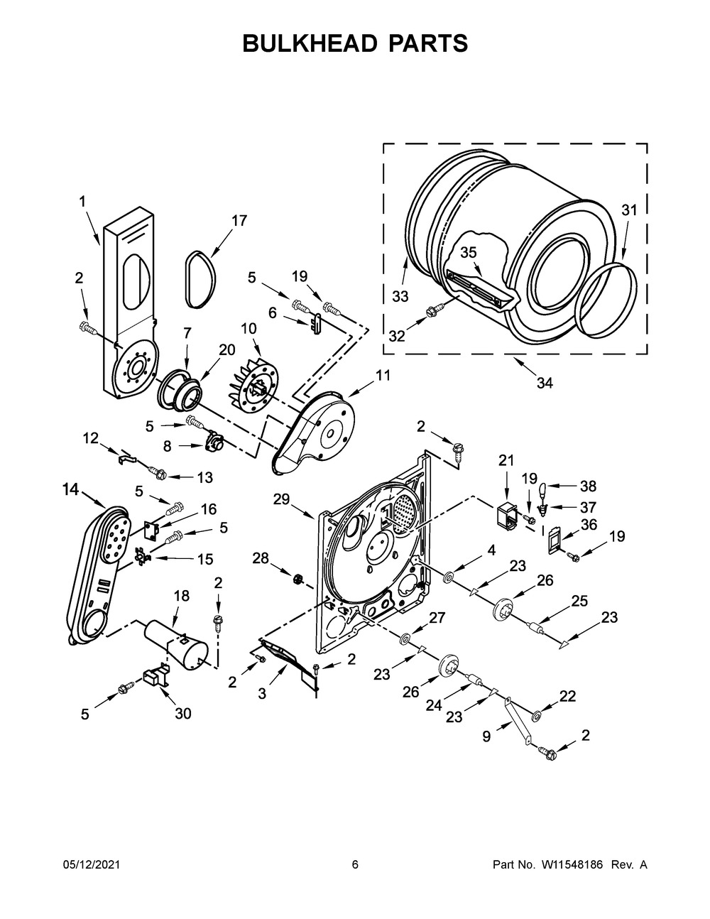Bulkhead Parts Diagram and Parts List for WGD4985EW1  Whirlpool Dryer