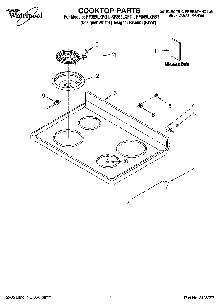 COOKTOP PARTS Diagram and Parts List for RF369LXPQ1  Whirlpool Range