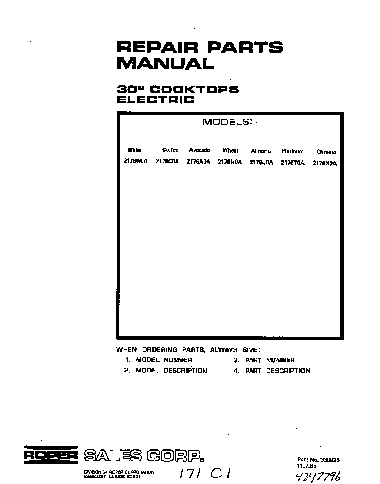 Cover Page Diagram and Parts List for 2176*0A  Roper Range
