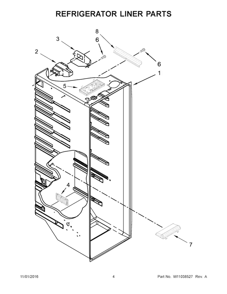Refrigerator Liner Parts Diagram and Parts List for WRS325FNAB00  Whirlpool Refrigerator
