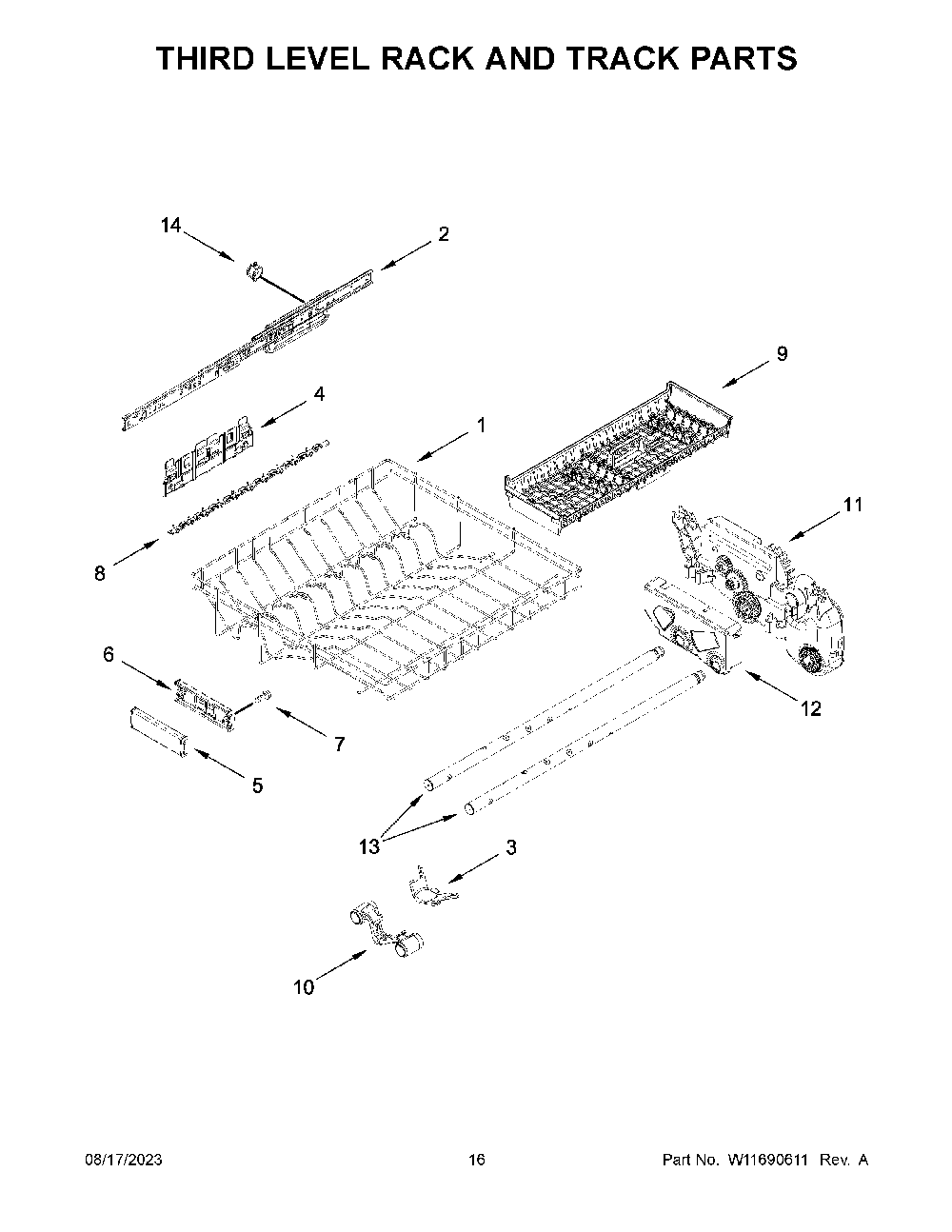 Third Level Rack And Track Parts Diagram and Parts List for KDTM804KBS2  KitchenAid Dishwasher