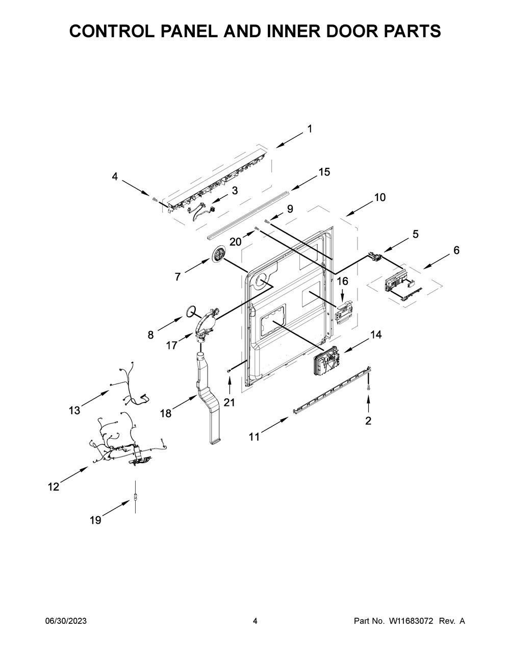 Control Panel And Inner Door Parts Diagram and Parts List for KDTM604KBS2  KitchenAid Dishwasher