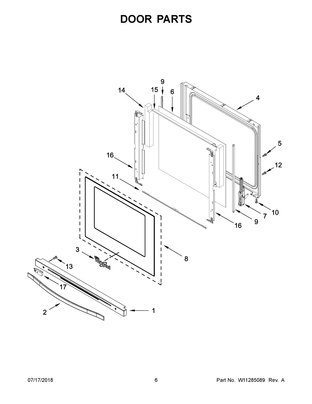 Door Parts Diagram and Parts List for WEE745H0FE2  Whirlpool Range