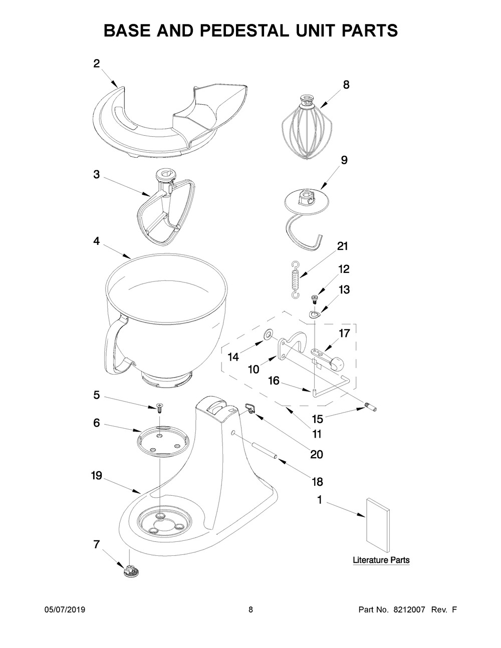 Base And Pedestal Unit Parts Diagram and Parts List for 5KSM150PSAVB0  Whirlpool Mixer