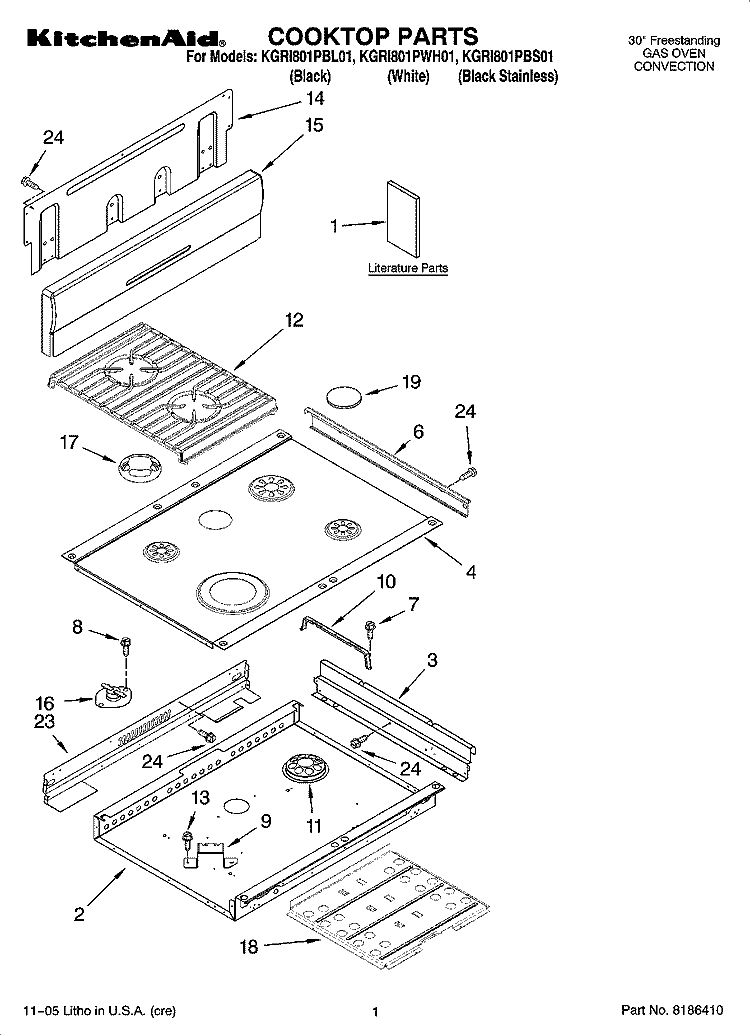 COOKTOP PARTS Diagram and Parts List for KGRI801PBL01  KitchenAid Range