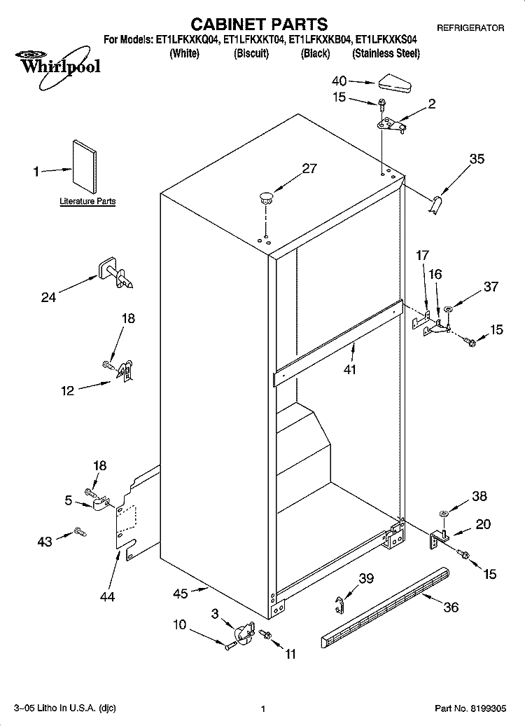 CABINET PARTS Diagram and Parts List for ET1LFKXKQ04  Whirlpool Refrigerator