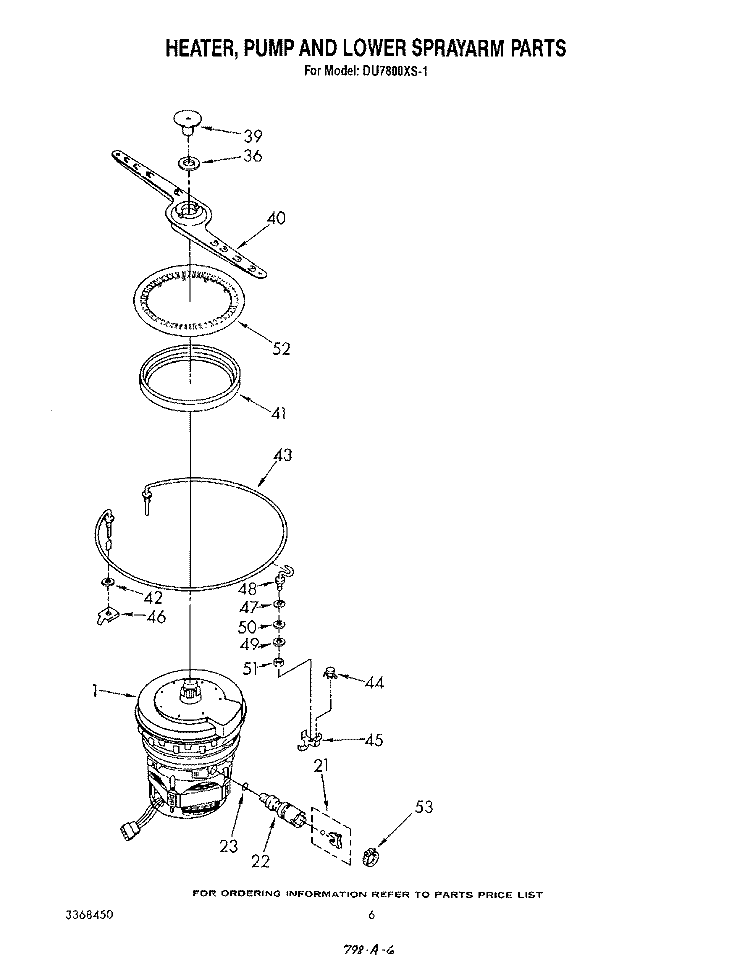 HEATER, PUMP, AND LOWER SPAY ARM Diagram and Parts List for DU7800XS1  Whirlpool Dishwasher