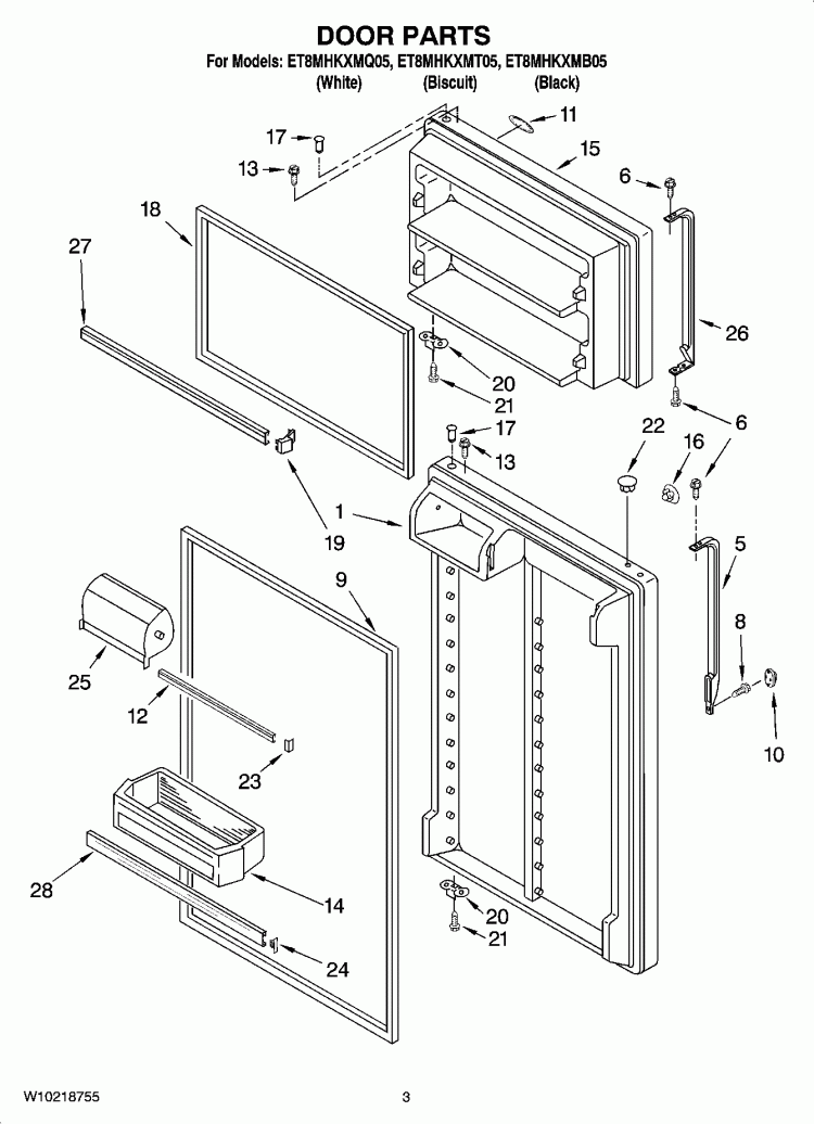 DOOR PARTS Diagram and Parts List for ET8MHKXMT05  Whirlpool Refrigerator
