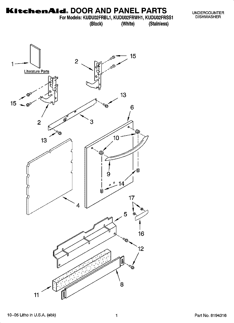 DOOR AND PANEL PARTS Diagram and Parts List for KUDU02FRSS1  KitchenAid Dishwasher