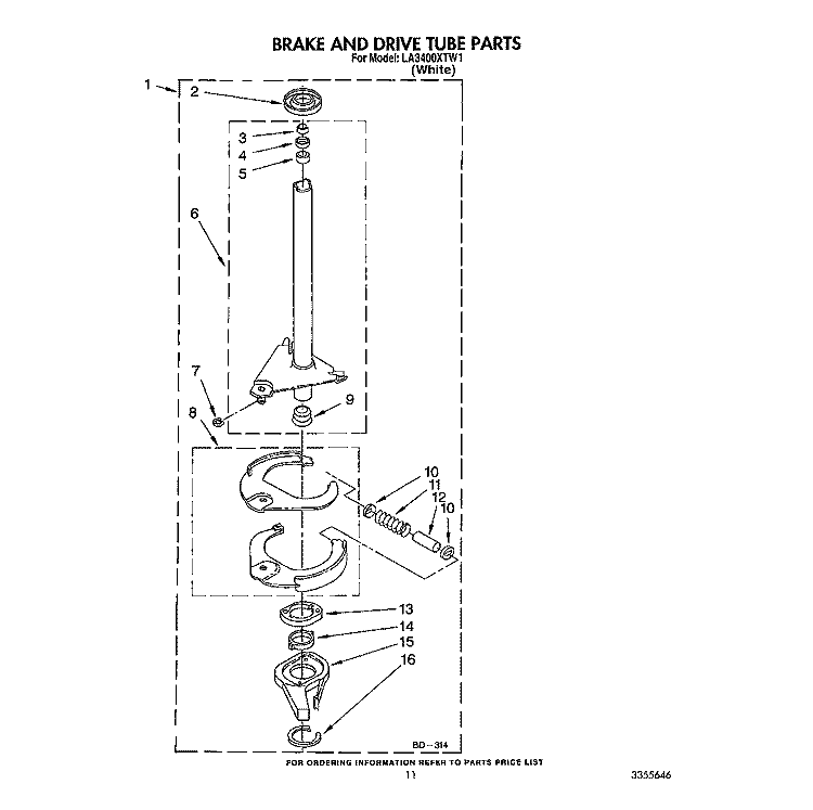 BRAKE AND DRIVE TUBE Diagram and Parts List for LA3400XTW1  Whirlpool Washer