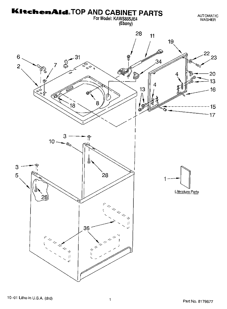 TOP AND CABINET, LITERATURE Diagram and Parts List for KAWS855JE4  KitchenAid Washer