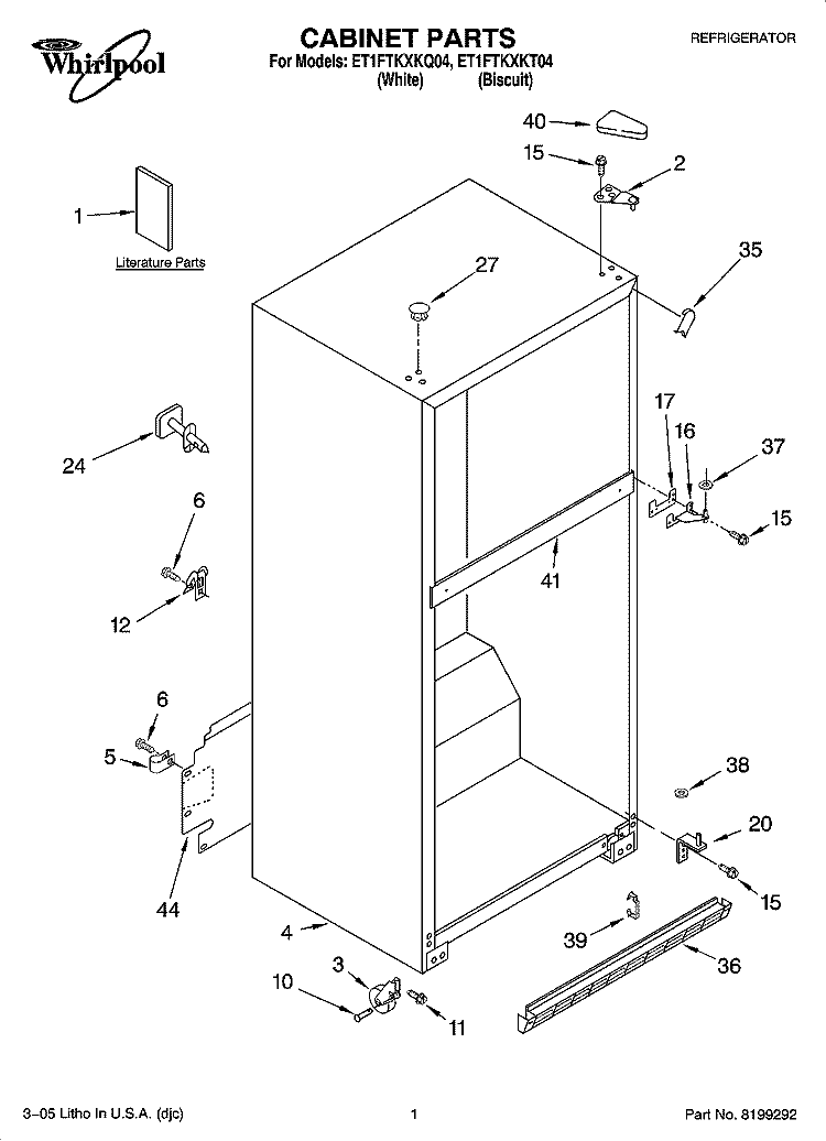 CABINET PARTS Diagram and Parts List for ET1FTKXKQ04  Whirlpool Refrigerator