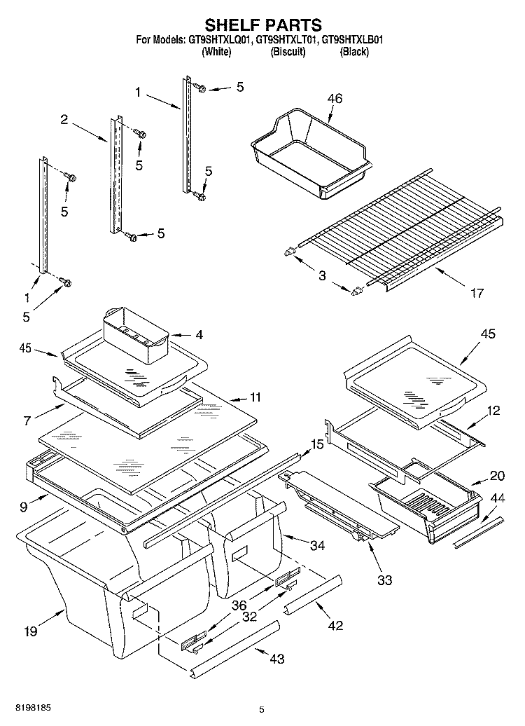 SHELF Diagram and Parts List for GT9SHTXLB01  Whirlpool Refrigerator