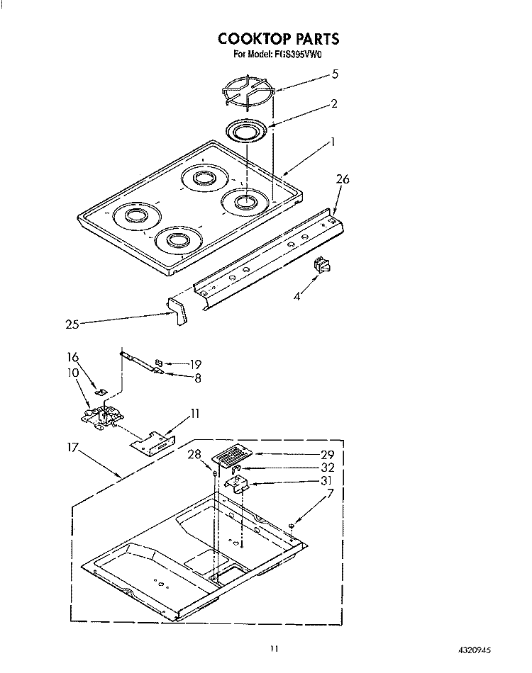 COOKTOP Diagram and Parts List for FGS395VL0  Whirlpool Range