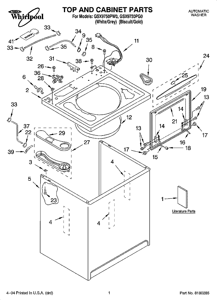 TOP AND CABINET PARTS Diagram and Parts List for GSX9750PW0  Whirlpool Washer