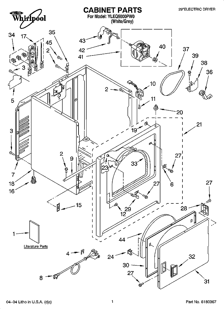 CABINET PARTS Diagram and Parts List for YLEQ5000PW0  Whirlpool Dryer
