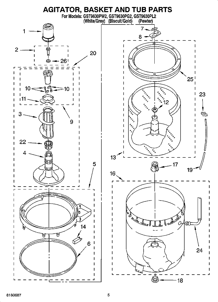 AGITATOR, BASKET AND TUB PARTS Diagram and Parts List for GST9630PL2  Whirlpool Washer