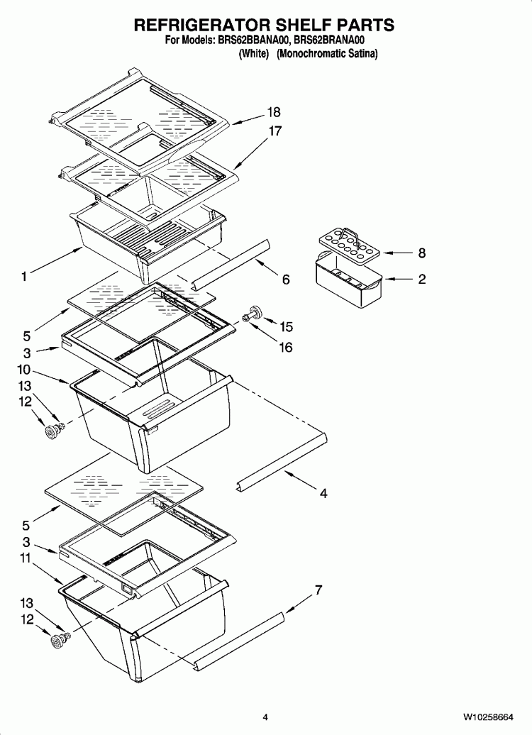 REFRIGERATOR SHELF PARTS Diagram and Parts List for BRS62BRANA00  Whirlpool Refrigerator