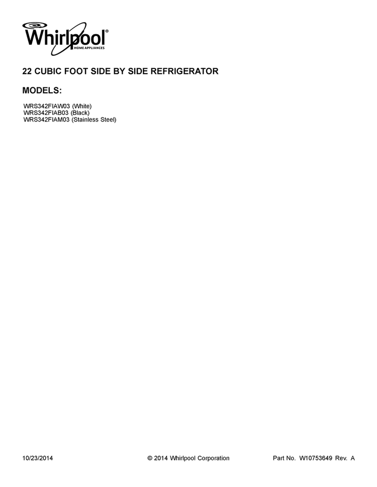 Cover Sheet Diagram and Parts List for WRS342FIAM03  Whirlpool Refrigerator