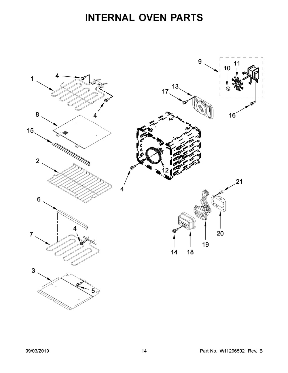 Internal Oven Parts Diagram and Parts List for KOCE900HBS00  Whirlpool Microwave Oven Combo