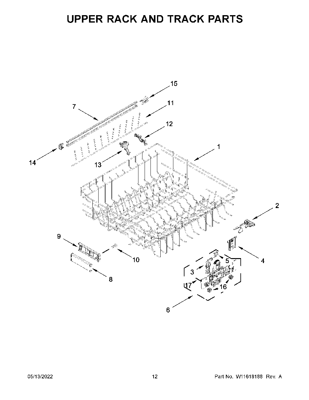 Upper Rack And Track Parts Diagram and Parts List for KDPM604KPS1  KitchenAid Dishwasher