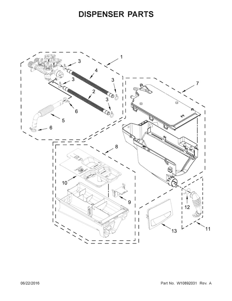 Dispenser Parts Diagram and Parts List for WFW85HEFW0  Whirlpool Washer