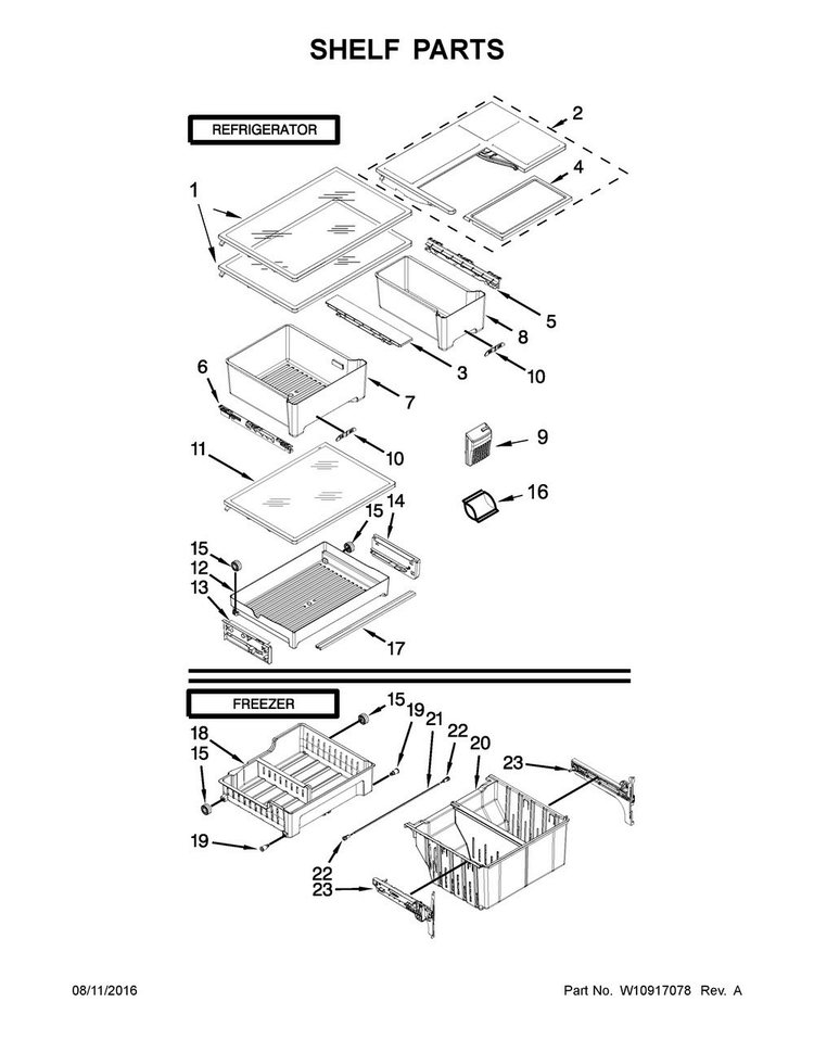 Shelf Parts Diagram and Parts List for WRF560SFYE03  Whirlpool Refrigerator