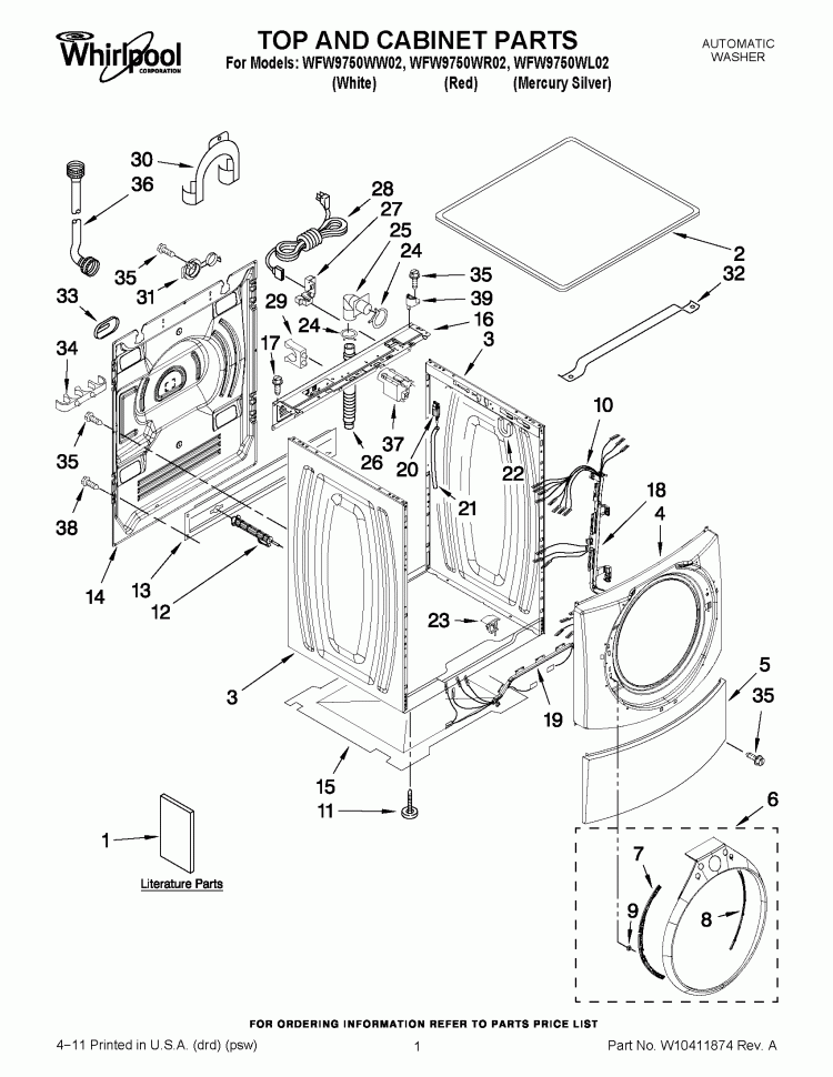 TOP AND CABINET PARTS Diagram and Parts List for WFW9750WL02  Whirlpool Washer