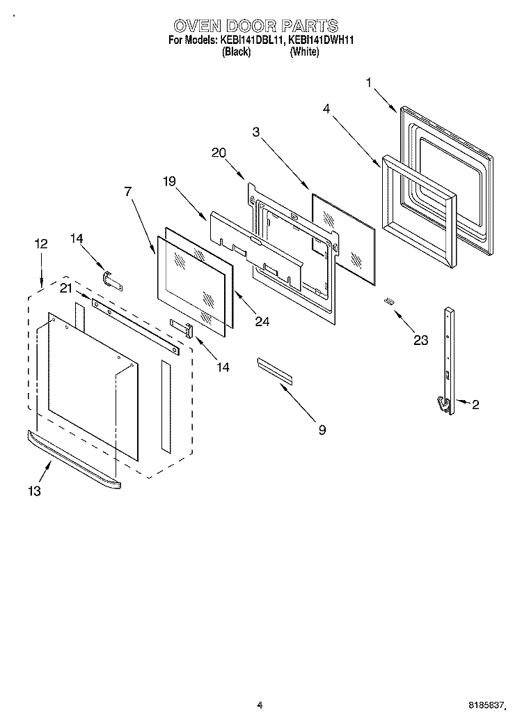 OVEN DOOR Diagram and Parts List for KEBI141DBL11  KitchenAid Wall Oven