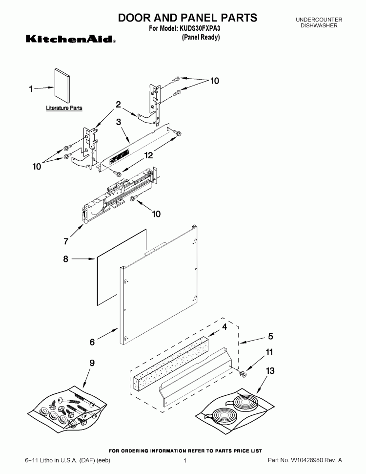 DOOR AND PANEL PARTS Diagram and Parts List for KUDS30FXPA3  KitchenAid Dishwasher