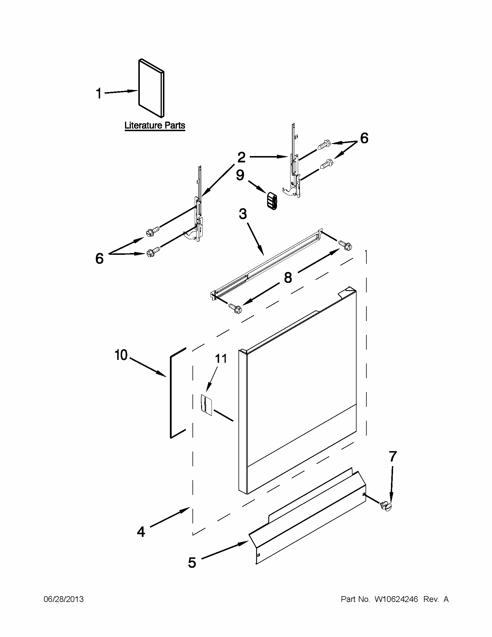 Door And Panel Parts Diagram and Parts List for 66517152K212  Kenmore Dishwasher